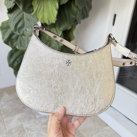 Tory Burch 159158 Emerson Metallic White Gold Refined Leather Shoulder Handbag - Picture 12 of 16